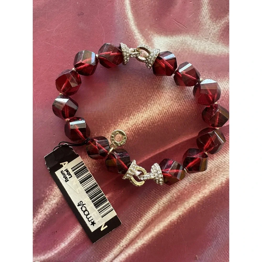 Vintage Anne Klein Red Faceted Bead ElasticBracelet Gold Tone Pave Crystal Charm